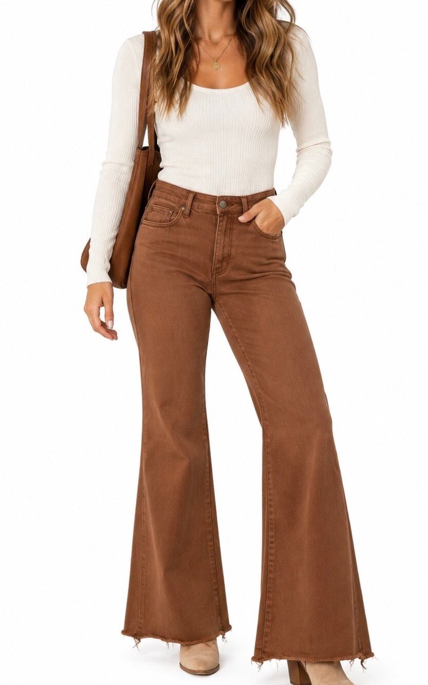 Judy Blue Los Angeles Garment Dyed Flare Jeans Brown Raw Hem 13/31